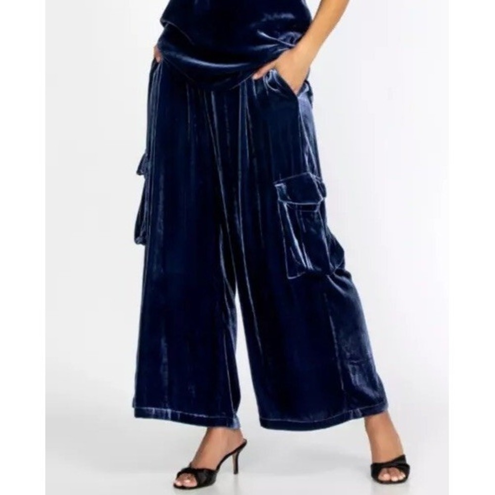 Johnny Was Navy Velvet Wide Leg Cargo Pants